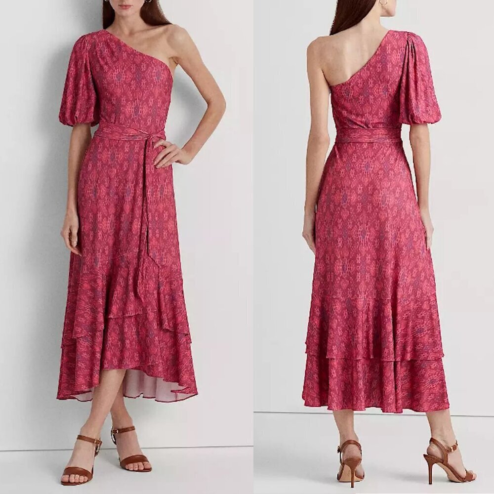 NWT New $195 Ralph lauren New Fuchsia Multi Geo-Print One-Shoulder Dress Size 8